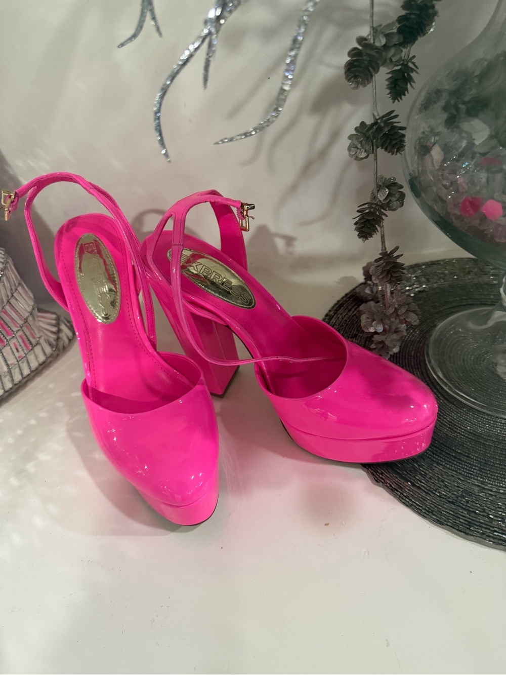 Express Hot Pink Patent Platform Slingback Heels